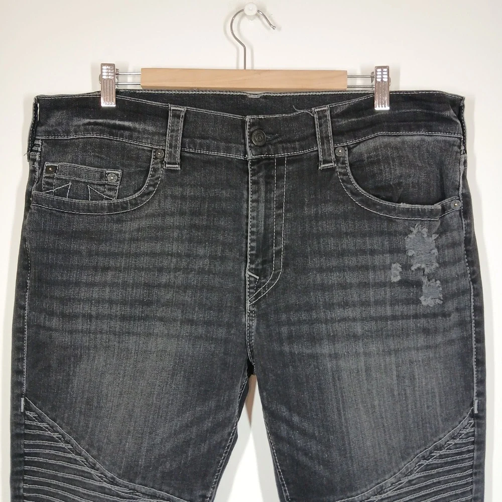 True Religion Rocco Jeans Men's 38 Black Distressed Moto Stretch Relaxed Skinny